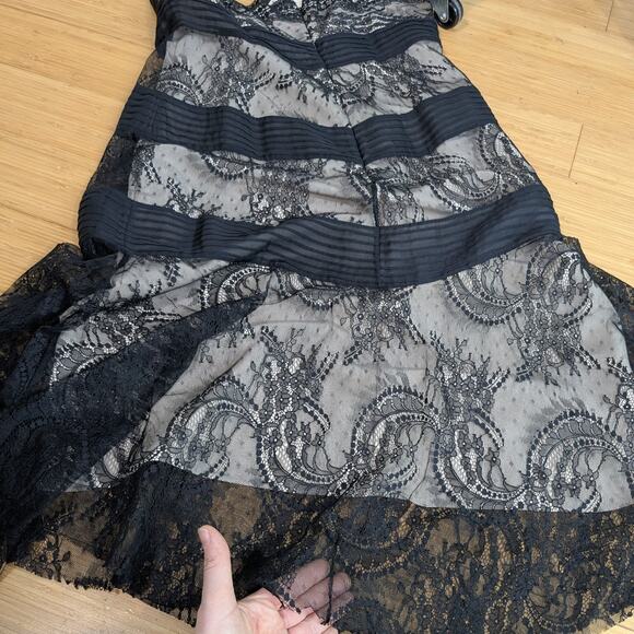 Bcbg Lace Silk Midi Dress 10 Black Tan Y2K Silk Babydoll Illusion Guest Cocktail - Picture 13 of 14